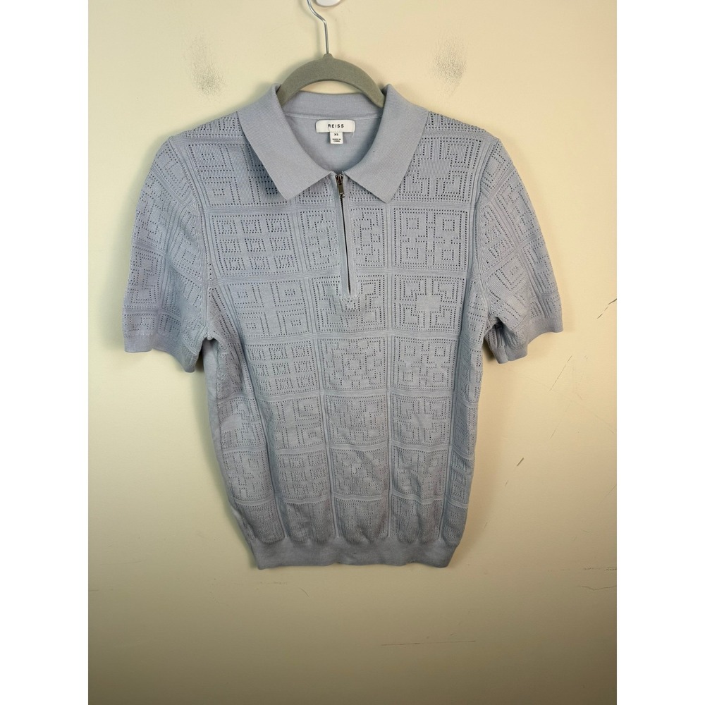 Reiss Mens XS Light Blue Geometric Open Knit Quarter Zip Short Sleeve Polo Shirt